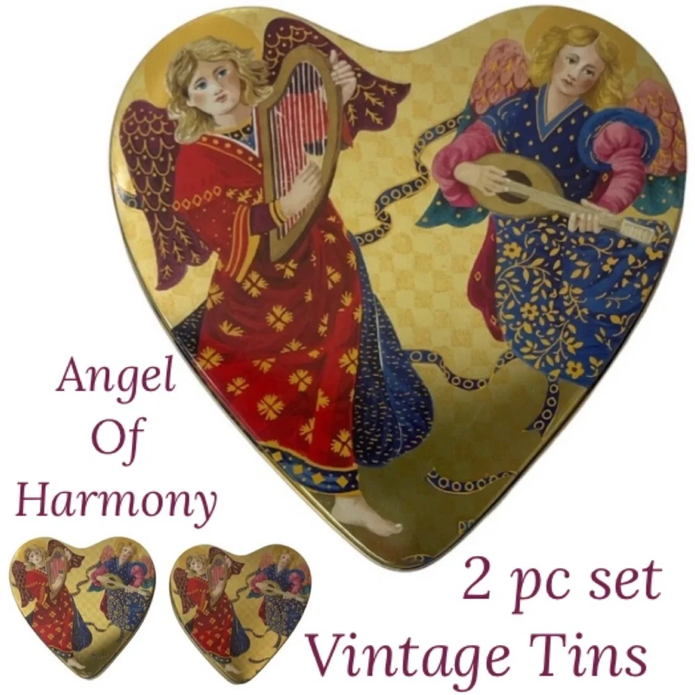 Vintage Tins Angels Heart Victorian Angel Harp Cherubs Keepsake Box Cookie Gold